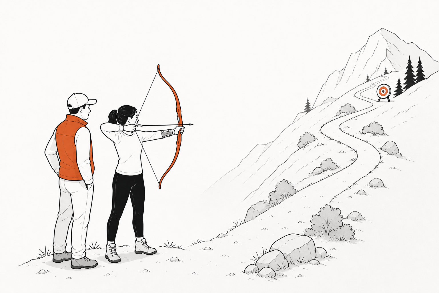 An archer mid-draw aiming at a distant target, with a coach standing just behind observing, in a flat editorial illustration style with terracotta accents