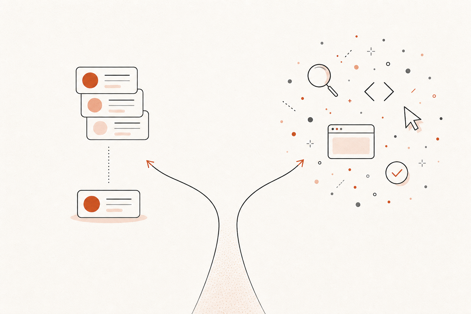 A fork in a path on warm paper: one branch folds three model-shapes down into a single shape, the other opens into a wide world of small tool icons, flat editorial style, terracotta accent, no text