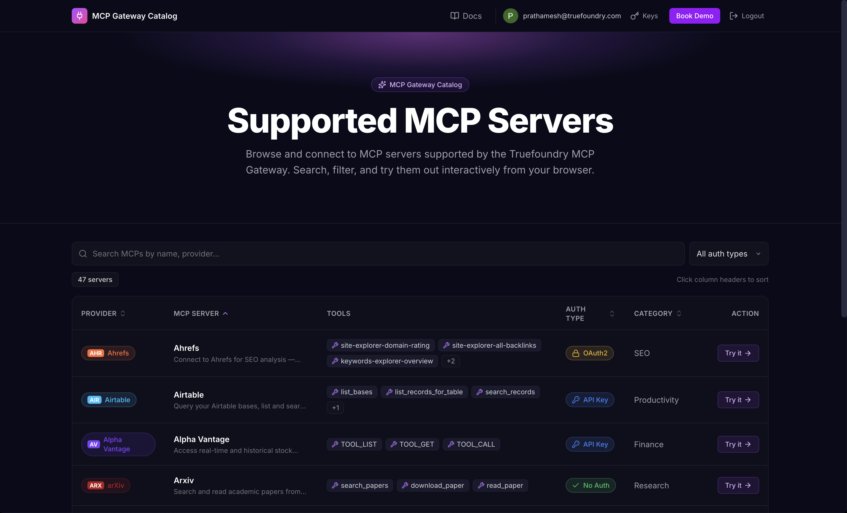MCP Gateway Catalog: 47 supported servers, search, filter, and try-it from the browser